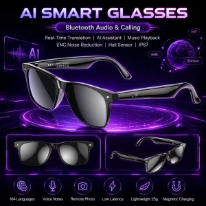 W100 AI Smart Translation Glasses Real-Time Voice Video Translation IP67 Waterproof 35g Lightweight for Hands-Free Use