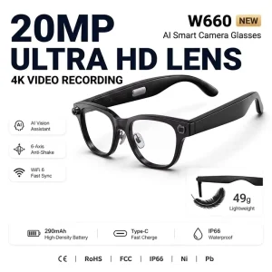 W660 20MP Camera AI Smart Glasses 4K Video Recording ENC Noise Cancelling BT Call AI Real time Translation Sunglasses