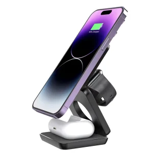 New WC13 Foldable 15W Fast-Charging 3-in-1 Magnetic Wireless Charger for Phone, Smartwatch, and Earbuds