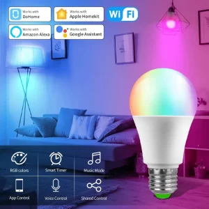 Wi-Fi 220V Smart Light Bulb, 9W, Bluetooth Supported, RGB 5-Channel Dimming and Color Mixing, Multicolor, E27 Screw Base, A19 Bulb
