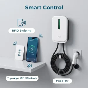 Wall-mounted Charging Station with RFID Card Swipe Activation App, WiFi Capabilities, and 7kw Fast Charging