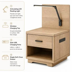 Walnut RFID Lock Smart Nightstand Wireless Qi Charging Warm LED Underlighting Quiet Luxury Secure Bedside Table Bedroom