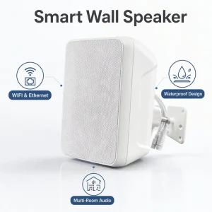 Waterproof Smart Speaker Sync Music Rooms Easy Control Via Wiim Home App IPX Design 30 50W Output Power No Built in Microphone