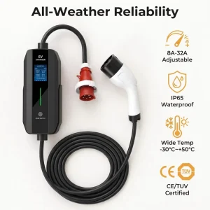 Wear-Resistant TPU Travel Kit Storage Bag 7kw Single Phase EV Charger Type 2 Schuko Euro Plug EV Portable Charger