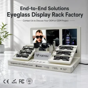 White Multi-Tier Slanted Smart Eyewear Display Stand Interactive Feature Panel Triple-Screen Customizable Backdrop Counter Rack