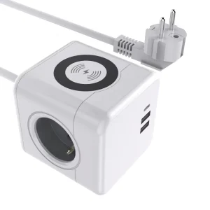 White Smart Plugs Cube Wireless Charger Desk Power Strip 3 Outlets Dual USB A Type C Aluminum Alloy Socket for Home Office