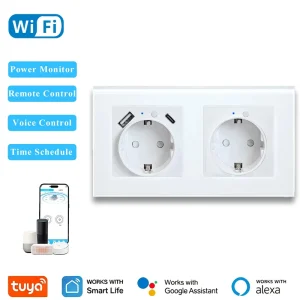 WiFi Smart EU Double Wall Socket 16A Schuko Plug USB A C Ports App Remote Voice Control IP21 Home Power Monitoring