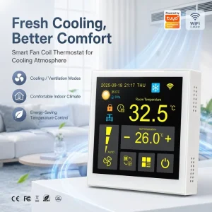WiFi Smart Floor Heating Thermostat TFT Touch Screen 2 Pipe 4 Pipe FCU Controller 3 Speed Heating Flexible Hotel Living Room