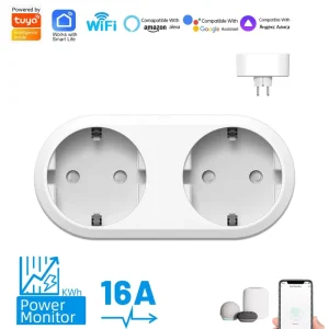 Wifi European Standard 16A 110 250V Smart Plug Dual Head One To Two Timer Countdown Alexa Voice Remote Control