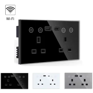 Wifi UK Wall Socket 86*146mm with USB A+C Port Power Monitor 16A Rated Industrial Glass Socket for Home/Industrial Use