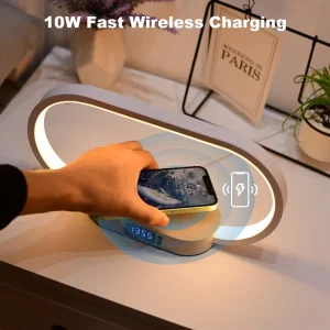 Wireless Charging Station Smart Table 3 in 1 Wooden Design Touch Control Alarm Clock Dimmable Eye Care Light Offices Studies