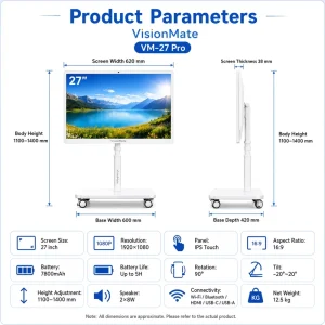 Wireless Portable Touch Screen TV on Wheels Android Smart Display with Camera Speaker for Home and Office