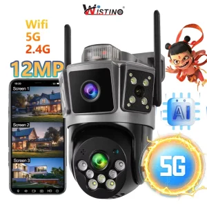Wistino 12MP Outdoor Wifi Smart Camera Dual Lens Triple Screen Waterproof Night Vision Full Color Voice Alarm 5G Wifi Camera