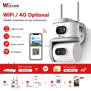 Wistino Smart Net Camera V380 SIM Card 4G LTE Dual Lens PTZ Outdoor Color Night Vision Auto Tracking Two Way Audio Wifi Camera