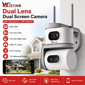 Wistino WiFi Camera V380 Pro Dual Lens PTZ Outdoor Auto Tracking Color Night Vision Two Way Audio Motion Detection CCTV Camera