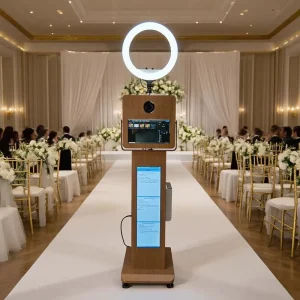Wooden Grain DSLR Photo Booth Built in PC Selfie 15.6” Touch Screen Photobooth Machine with 29” LCD Screen Display Flight Case