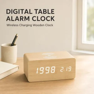 Wooden LED Digital Smart Table Alarm Clock with Date Thermometer for Room Use Wireless Charging Wood Grain Customization OEM ODM