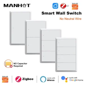 Zigbee Smart Light Switch Plastic No Capacitor No Neutral Required US Push Button Switch Voice Control for Alexa Google