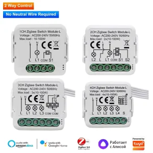 Zigbee Smart Mini Switch Module No Neutral Wire Required 2-Way Control 1/2/3/4 Gang Alexa Google Home Hotel Use