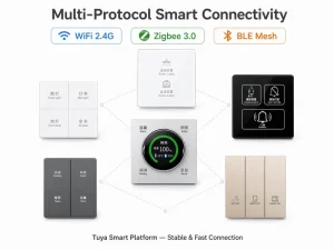 Zigbee WiFi BLE Hotel Room Smart Wall Switch Touch Screen Glass Panel Voice Control Light Curtain AC for Smart Hotel Building