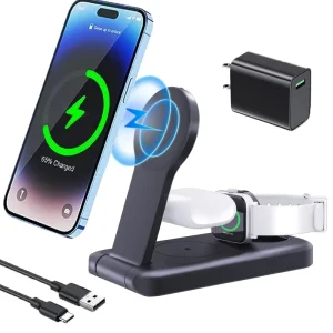 3-in-1 Magnetic Wireless Charger, 15W Universal Qi Wireless Charger for Phones, Foldable, Compatible with iPhone