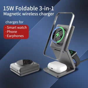 3-in-1 Fire-Resistant Wireless Charger, Fast-Charging Foldable Desktop Charging Stand for Phone, Watch, and Earbuds