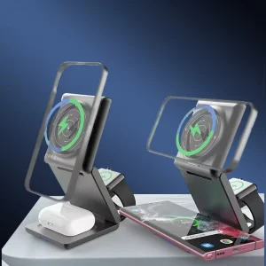 Foldable Desktop 3-in-1 Wireless Charger for Phone, Watch, and Earbuds, Fast Charging, Fire-Resistant