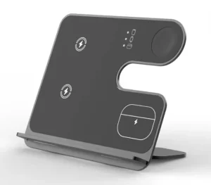 Portable Foldable 3-in-1 Wireless Charger for Smartphones, Smartwatches, and Earbuds with a Simple Design and Magnetic Stand